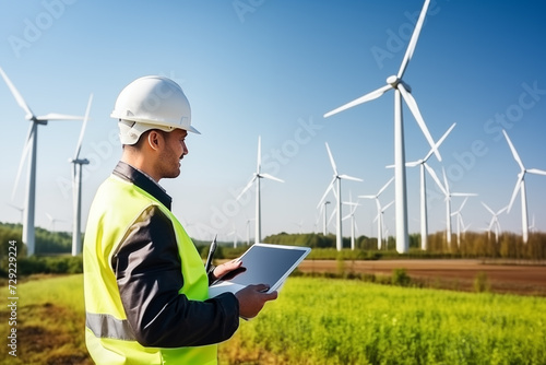Male engineer using tablet with white safety helmet standing in front of wind energy station