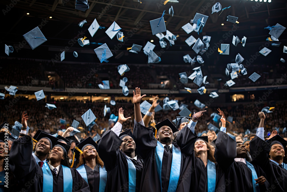 Group of graduates throwing caps in the air. Group of graduates throwing caps in the air.