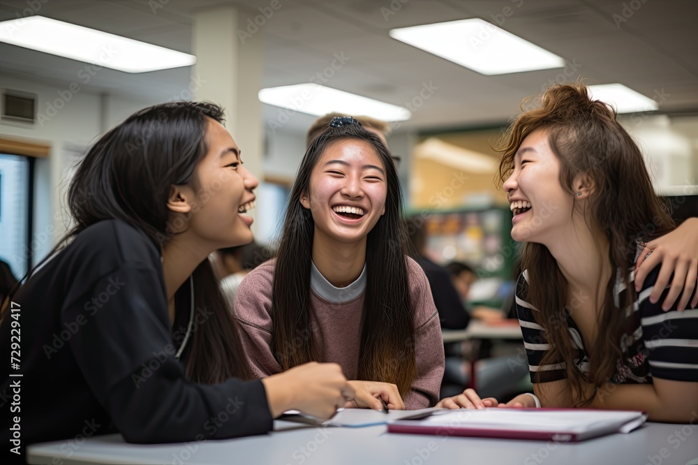 Group of high school students laughing together during classroom activity.