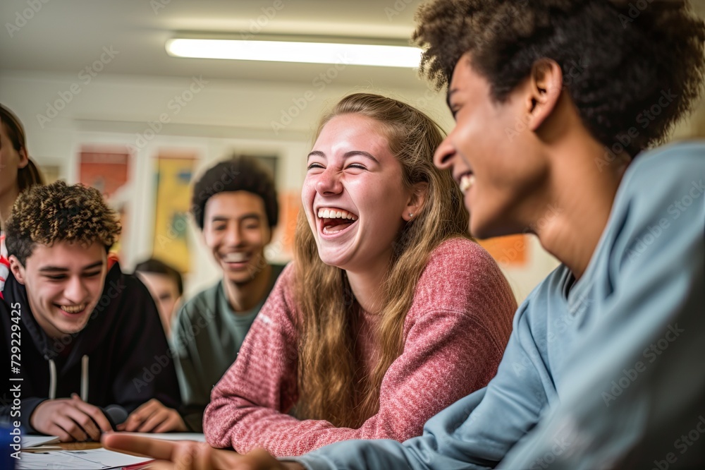 Group of high school students laughing together during classroom activity.