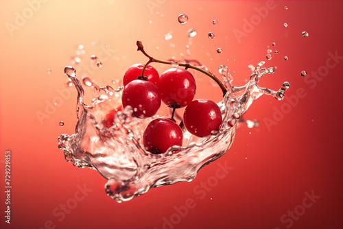 Vibrant Splash of Freshness: Juicy Red Cherries Erupting in Sparkling Water Against Sunset-Hued Backdrop for Dynamic Beverage and Food Advertising