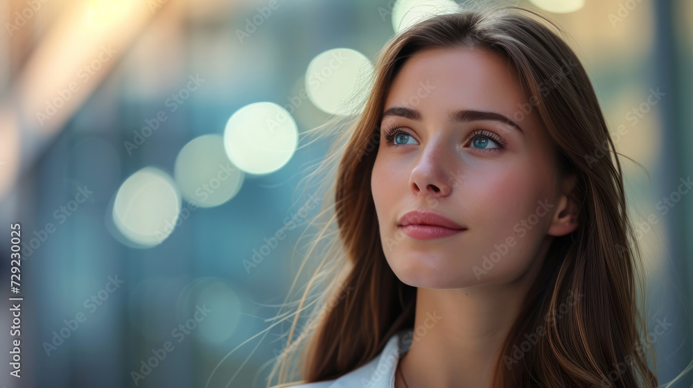 Woman With Long Hair and Blue Eyes Gazing Into the Distance Woman With Long Hair and Blue Eyes Gazing Into the Distance
