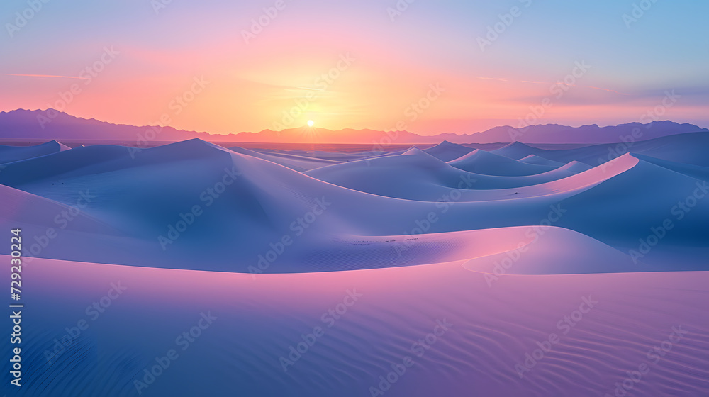 A surreal desert, with mirage-like dunes as the background, during a time-bending sunset
