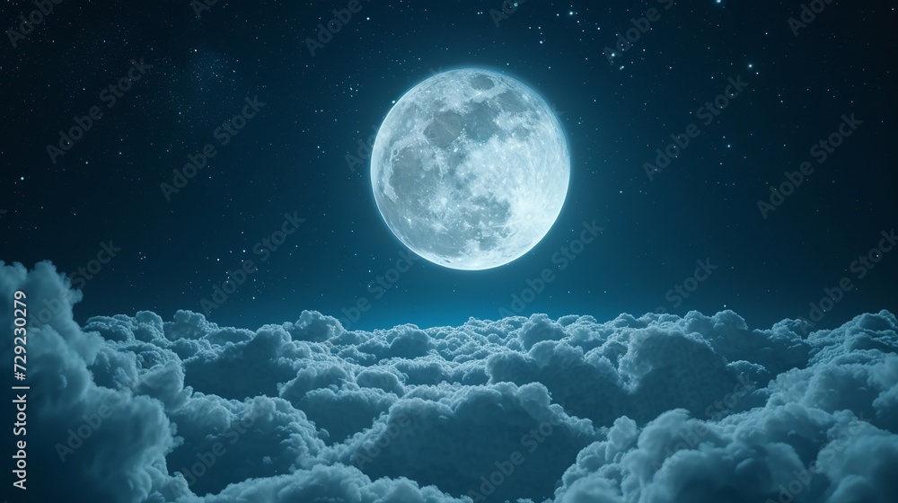 Beautiful realistic flight over cumulus lush clouds in the night moonlight. A large full moon shines brightly on a deep starry night