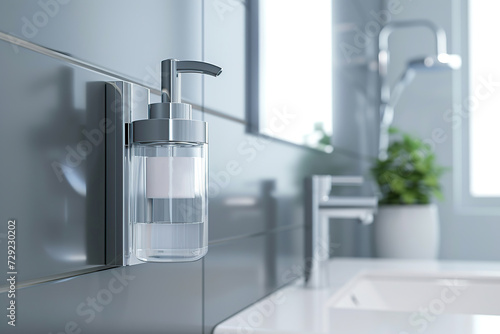 Bathroom counter with sink  water faucet and hanging soap dispenser