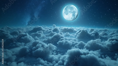 Beautiful realistic flight over cumulus lush clouds in the night moonlight. A large full moon shines brightly on a deep starry night photo