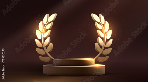 Award podium with golden leaves. Winner or achievement concept.