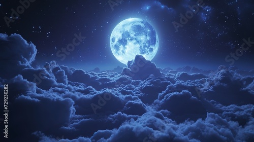 Beautiful realistic flight over cumulus lush clouds in the night moonlight. A large full moon shines brightly on a deep starry night © Zahid
