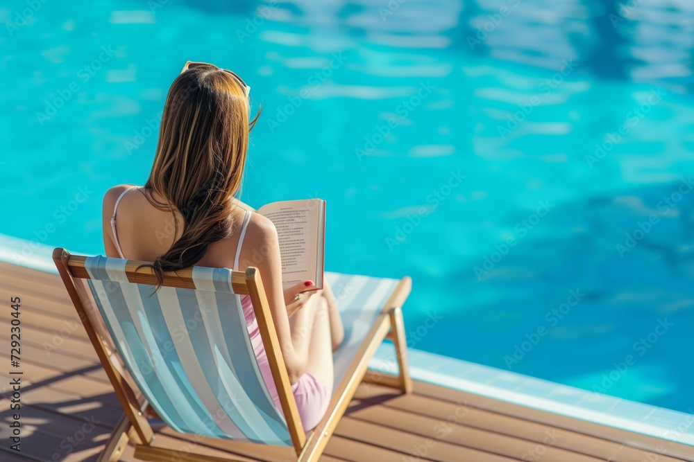 Fototapeta premium woman reading a book on a deck chair by the pool