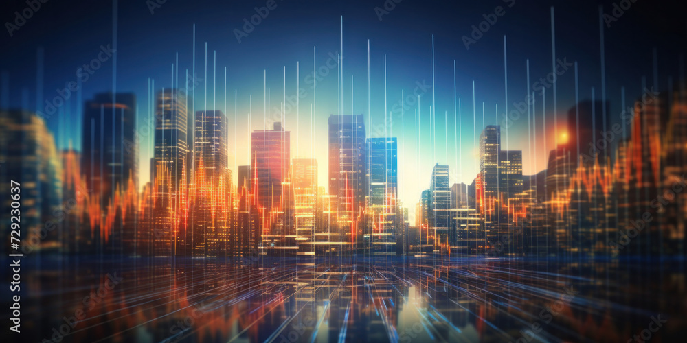 Blurred background of Stock market business concept with financial chart on screen and metropolis. Investment and trading background. - obrazy, fototapety, plakaty 
