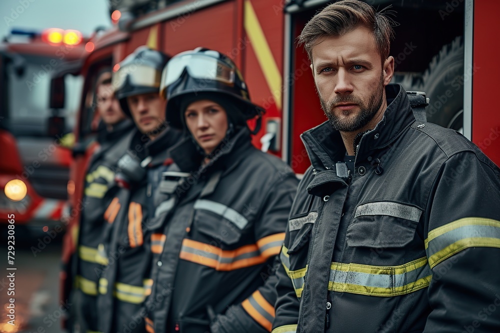 Portrait of firefighter team in uniform and helmet standing near fire engine