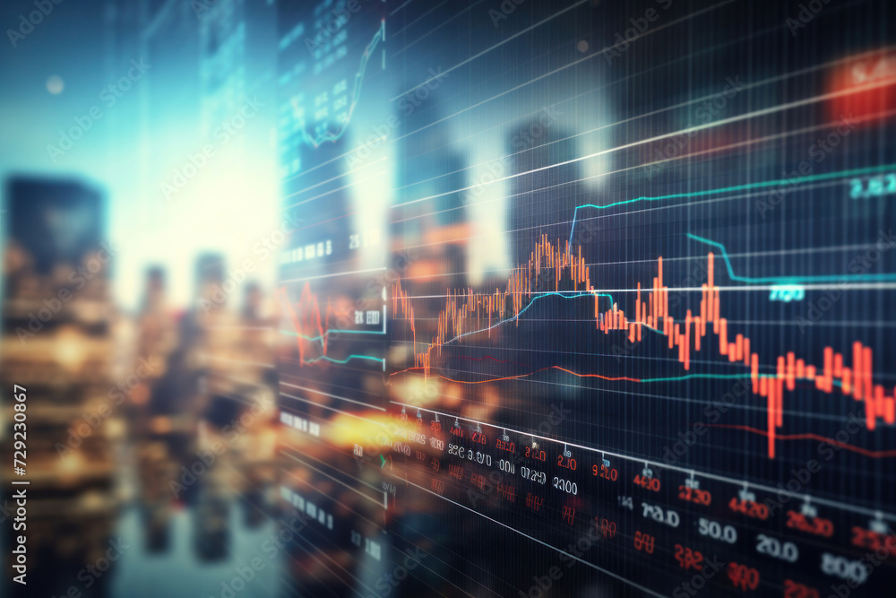 Obraz premium Blurred background of Stock market business concept with financial chart on screen and metropolis. Investment and trading background.