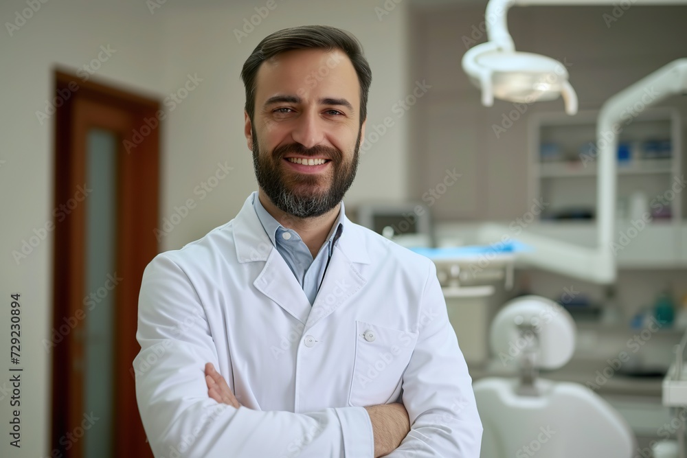 Portrait of young man dentist standing in dental office
