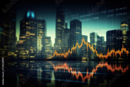 Blurred background of Stock market business concept with financial chart on screen and metropolis. Investment and trading background.