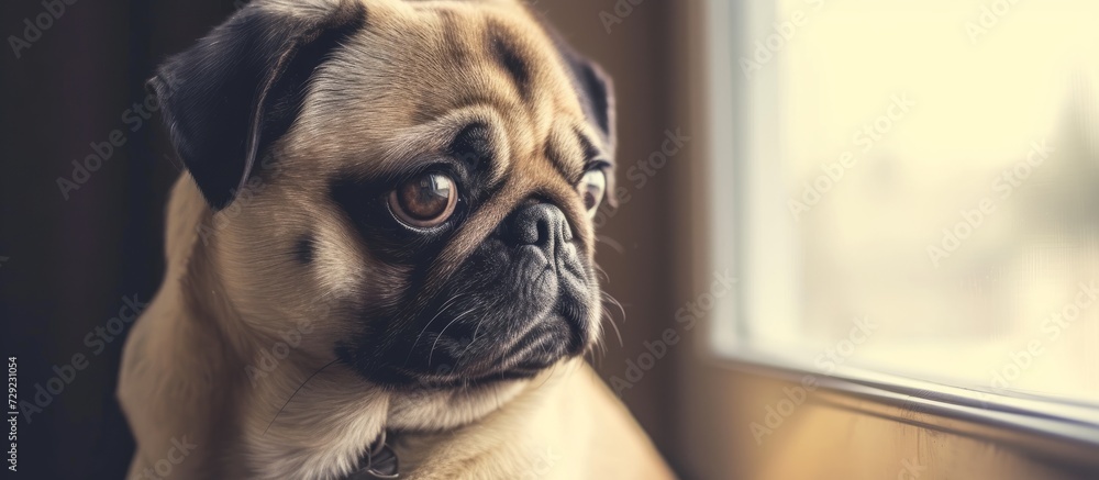 Sad pug dog looking outside home area.