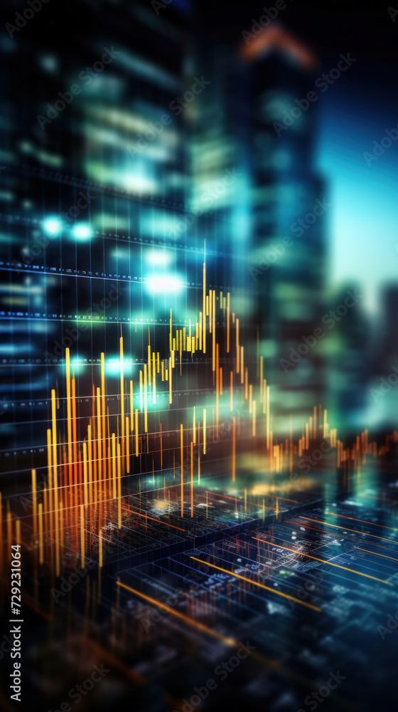Blurred background of Stock market business concept with financial chart on screen and metropolis. Investment and trading background.