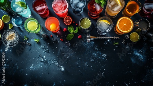Cocktails set on black bar counter, top view. Assortment of colorful strong and low alcohol drinks for cocktail party. Dark background, bar tools, hard light 