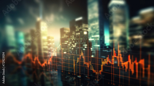 Blurred background of Stock market business concept with financial chart on screen and metropolis. Investment and trading background.