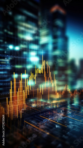 Blurred background of Stock market business concept with financial chart on screen and metropolis. Investment and trading background.