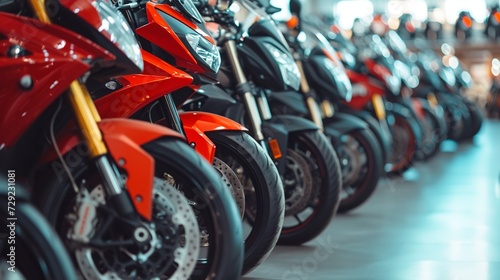 Close-up of colorful sports on stunning motorcycles in a motor show. Many motorcycles parked in a store. Sale of used cruise motorbikes in the cabin. Showroom equipment in the garage. photo