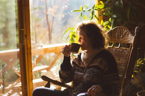 woman sipping coffee in a rocker with morning light streaming in