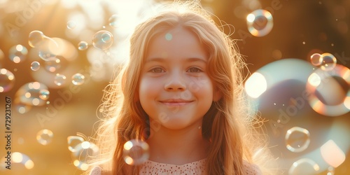 Portrait of a cute little girl blowing soap bubbles in the park.