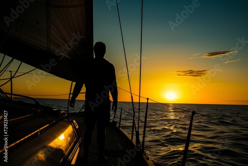 Fototapeta Naklejka Na Ścianę i Meble -  silhouette of sailor against sunset while sailing