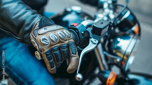 Hand in glove on motorcycle brake handle