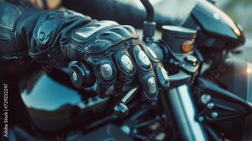 Hand in glove on motorcycle brake handle photo