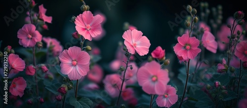 Brightly colored pink flowers stand out against a dark backdrop.