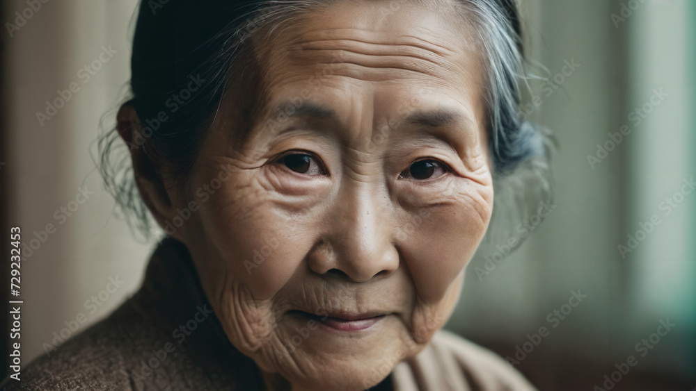old japanese woman with a brown sweater and a black tie old japanese woman with a brown sweater and a black tie