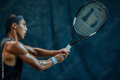 athlete adjusting grip before a backhand swing photo
