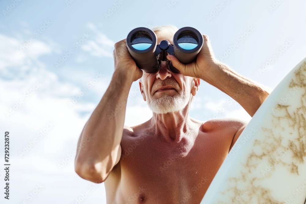 fit older man checking surf conditions with binoculars fit older man checking surf conditions with binoculars