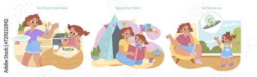 Child Expression set. Illustrating scenes where kids are not eating their full meal, speaking out, and inventing stories. Celebrating the innocence and honesty of youth.