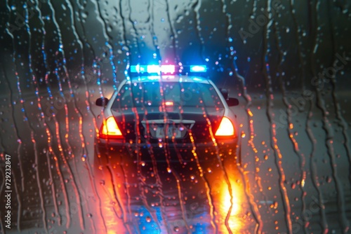police car with strobes on, seen through a rainsoaked window photo