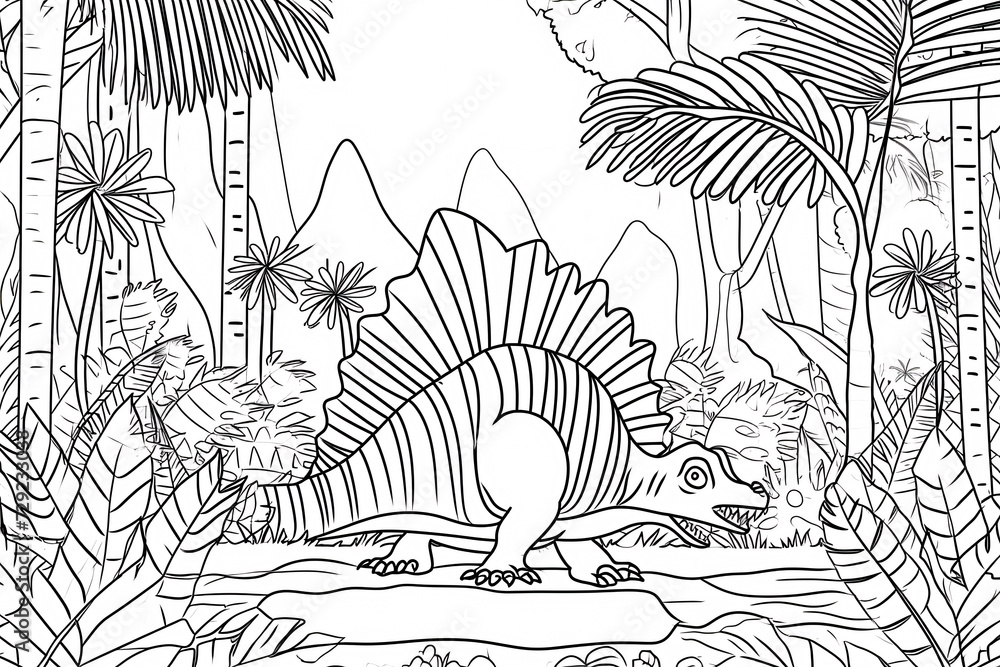 Dimetrodon Dinosaur Black White Linear Doodles Line Art Coloring Page, Kids Coloring Book Dimetrodon Dinosaur Black White Linear Doodles Line Art Coloring Page, Kids Coloring Book