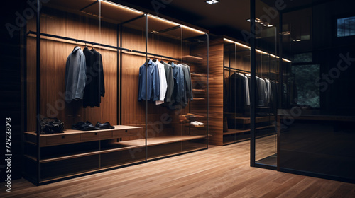 Modern luxury stylish dark brown wood walk in closet, minimal walk in wardrobe dressing room interior. © Sunday Cat Studio
