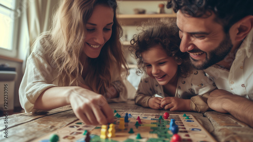 Happy family playing board game photo