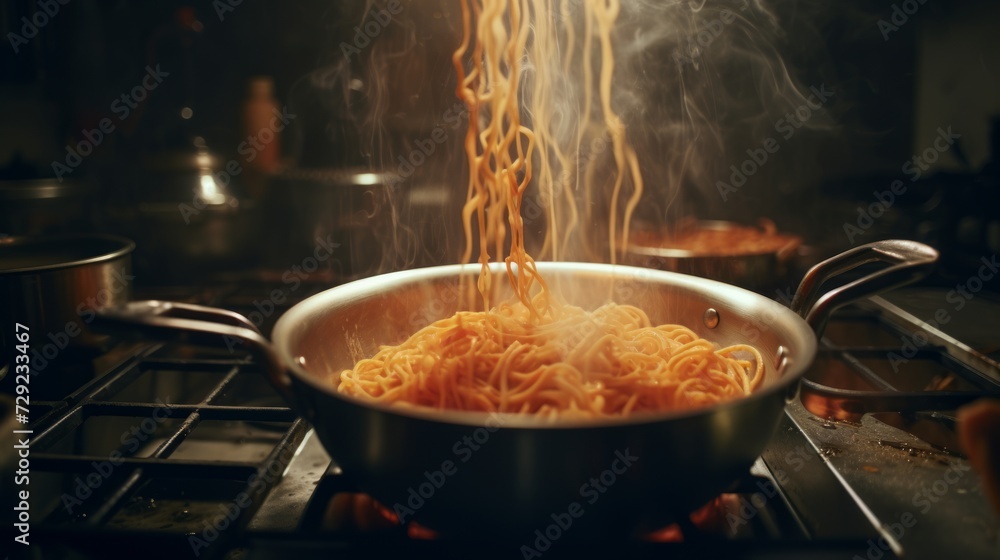 Chef cooking pasta in a pot, culinary skill demonstrated, busy kitchen ambiance in a restaurant setting Generative AI
