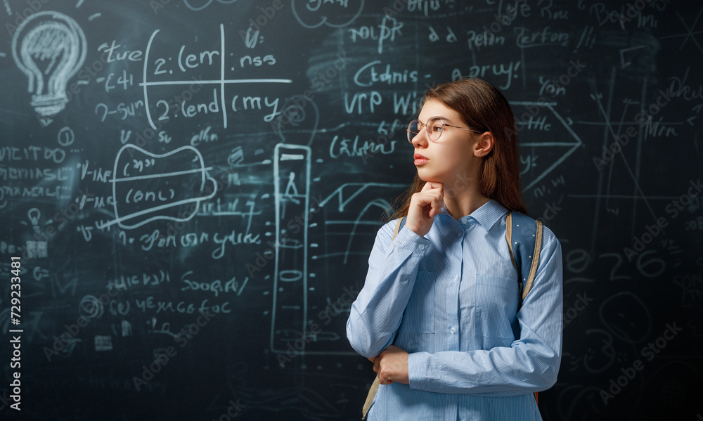 Teenager in class on background of blackboard