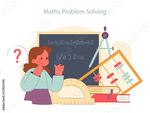Children learn. Elementary school classes. A puzzled student grapples with mathematical problem. Academic knowledge gaining. Flat vector illustration