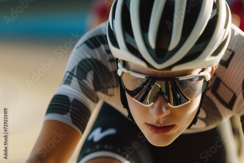closeup of cyclists eyes behind goggles at velodrome photo