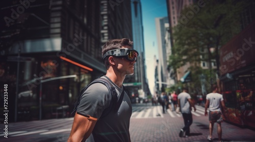 Young man wearing virtual reality goggles on the street