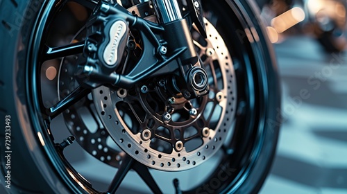 Motorcycle brake disc on a wheel close-up photo