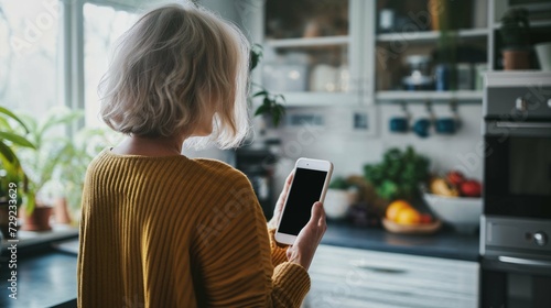 Woman in Kitchen Holding Phone with Blank Screen. Over-the-Shoulder View. Engrossed in Cooking Preparation. Smart Home System Awaits Her Commands