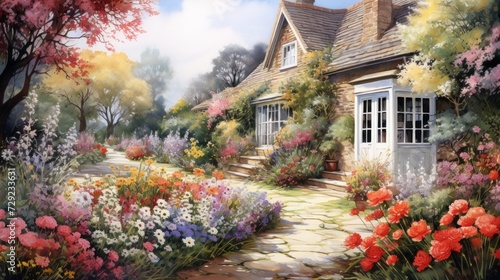 Charming cottage gardens in full bloom. aquarelle Generative AI