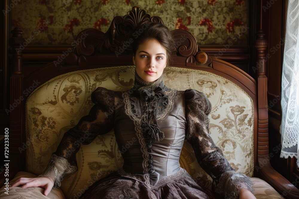 woman in a victorian outfit sitting on an oldfashioned settee