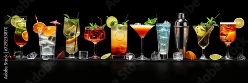 Various cocktail set with shaker on a dark background photo
