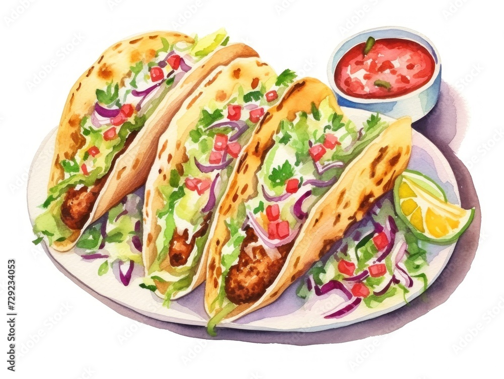 Three Tacos on a Plate With a Bowl of Salsa. Watercolor illustration. Three Tacos on a Plate With a Bowl of Salsa. Watercolor illustration.