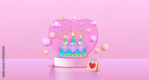 A birthday cake on the podium with icing, candles, balloons, and a heart. Birthday, banner. Vector illustration. 3d, space for copying.